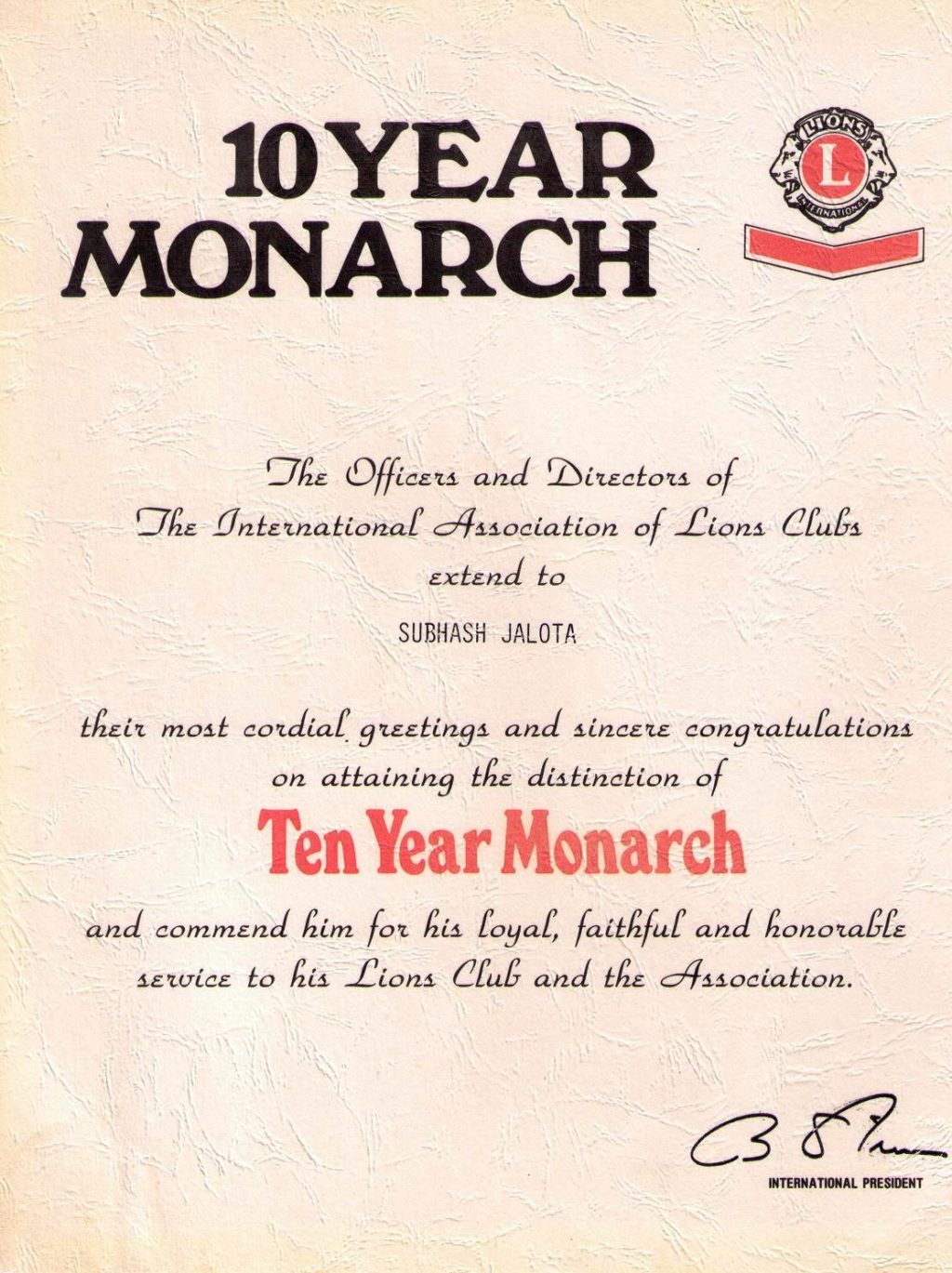 Lions Club Certificate